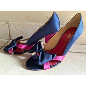 Kate Spade Hera Heels Navy Fuschia Satin Bow Pumps Made in Italy Vintage 2007